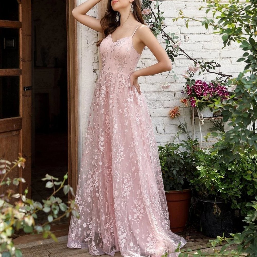 Baby Prom Womens Pink Embroidery Mesh Overlay Cami Flowy Maxi Dress - Picture 3 of 5